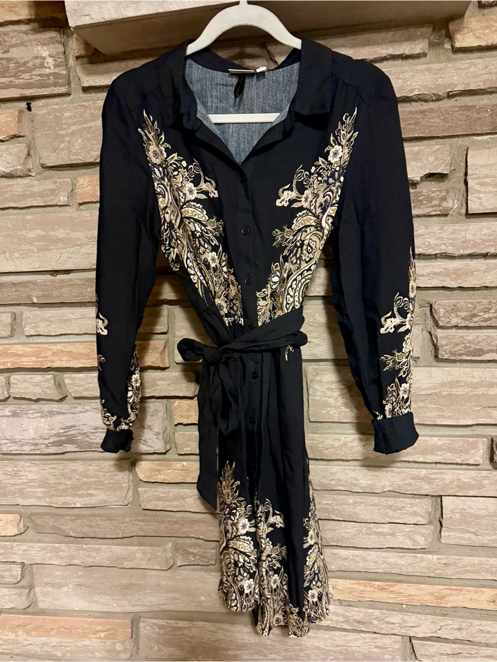 Franca Black and Gold Embroidered Shirt Dress with Waist Tie